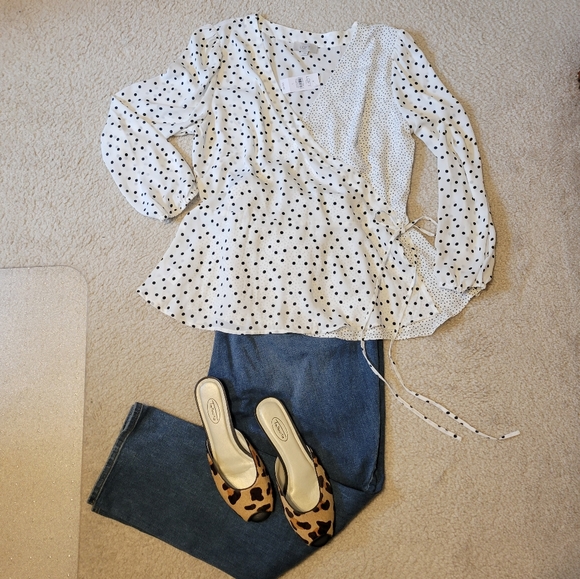 LOFT Tops - NWT LOFT Cream Black polka dot wrap blouse L